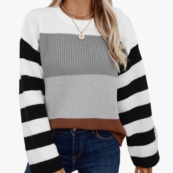 Sweaters - Woman’s Color Block Sweater Long Sleeve Crewneck Striped Size Large